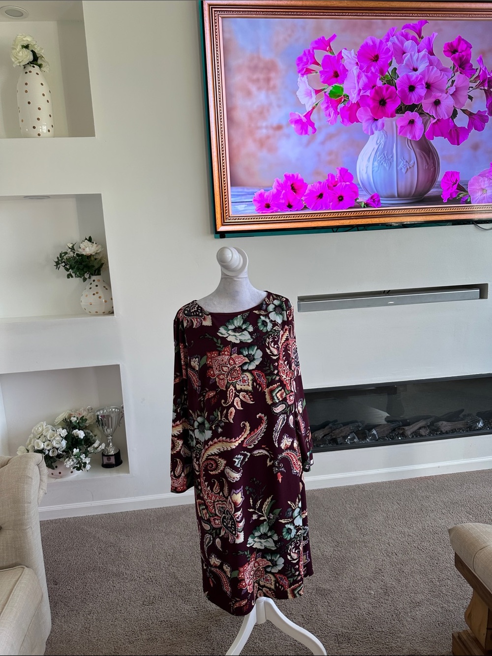 Chico's Burgundy Floral Paisley Long-Sleeve Dress